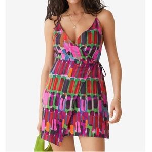 & Other Stories Linen Pink Green Rainbow Geometric V-Neck Sleeveless Wrap Dress